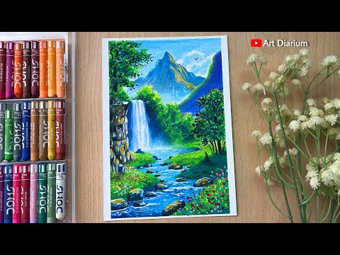 Waterfall Nature Scenery Drawing Tutorial with Oil Pastels - Step by Step