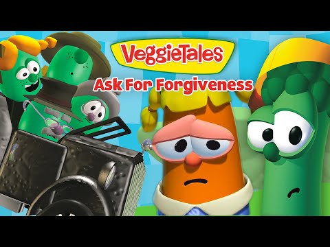VeggieTales characters look concerned around a damaged vintage car in a bright, colorful scene.