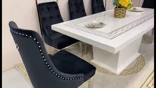 Classy Marble Dining Table with 8 Modern Black Velvet Chairs