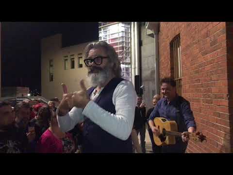 Paul McDermott & Steven Gates perform outside Ballarat Mining Exchange
