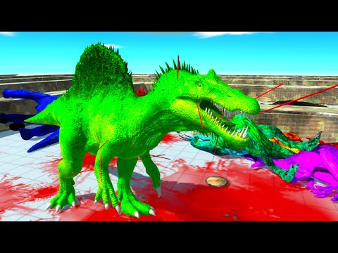 COLORED UNITS RUN INTO GREEN SPINOSAURUS MOUTH