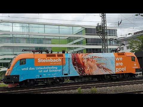 Train service at Heimeranplatz in Munich: ÖBB-Taurus, series 120, 218 and 247