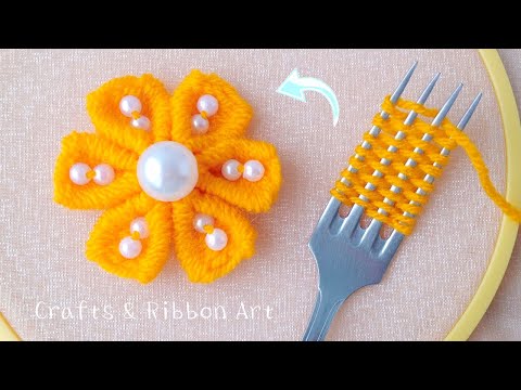 Super Easy Woolen Flower Making Ideas with Fork - Hand Embroidery Amazing Flower Design -Sewing Hack
