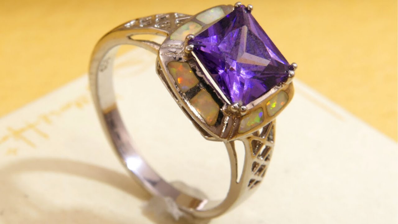 Art Deco Style Square Amethyst & Opal Silver Halo Ring | Size P 7.5 55