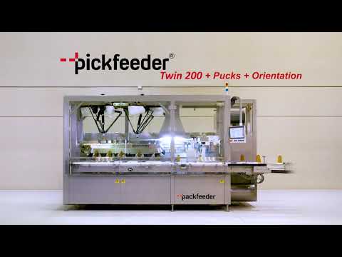 Robotic bottle unscrambler with pucks and orientation system - pickFeeder TWIN 200