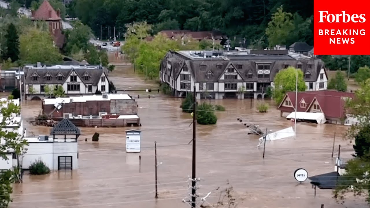 Major Flooding Caused By Hurricane Helene Causes Water To Surround Buildings In Asheville, NC
