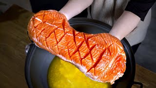 뜨거운 버터로 생연어 2300g 튀기기