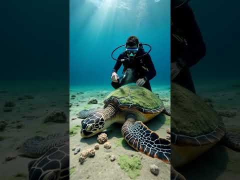 Scuba diver gently scrubs algae off sea turtle shells for health.