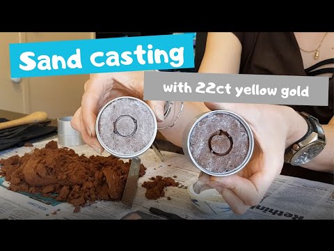 Sand casting 22ct gold rings with cast in place sapphires