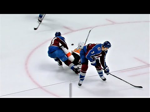 Andrew Cogliano Gets Kicked (accidentally) As The Flyers' Player Gets Tripped Up