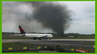 Heavy Jets Departing in front of Airport Firefighting Exercise