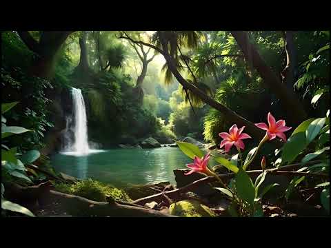 No Mid Ads | Hours of Nature Sounds🌴 Tropical Paradise Jungle Ambience | Birdsong & Waterfall