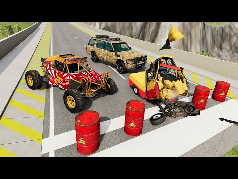 High Speed Jumps Through Explosive Barrels With Slow Motion - BeamNG.drive BIG Car Explosion