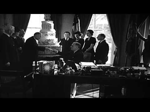 William Green presents a 350lb cake to President Franklin D Roosevelt on his birt...HD Stock Footage