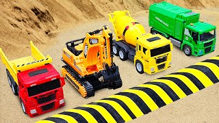 Rescue construction vehicles on the sand and Speed Bumps | Funny Stories Trucks Toys