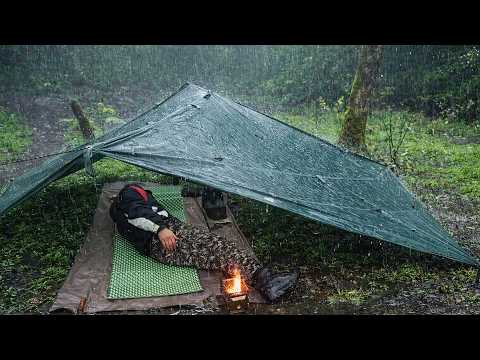 Solo Camping in Heavy Rain | Overnight with Only a Tarp