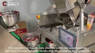 Pre made stand up doypack mylar pouch flat bottom side gusset quad bag candy biscuit packing machine