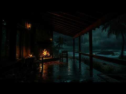 FALL ASLEEP FAST (No Ads)😴⛈️Seaside Porch Rain Crackling Fire Sounds | Perfect Thunderstorm for Rest