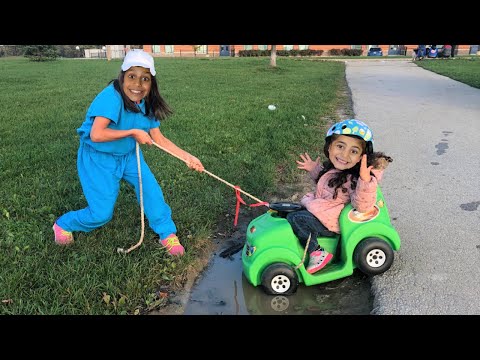 Kids Pretend play Ride on Cars Stuck in The Mud!! Funny video