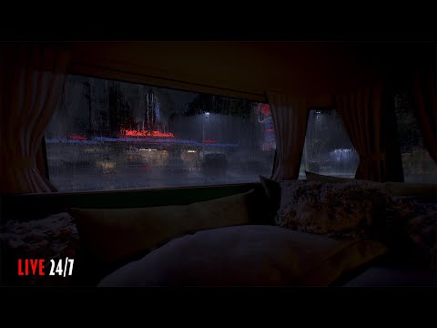 A Rainy Night Sleeping In A Campervan At A Classic American Diner | Live stream 24/7