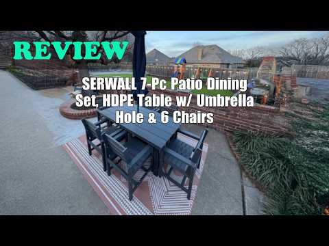 SERWALL Outdoor Dining Sets for 6, HDPE Dining Sets with 1 Umbrella Hole Cut-Out Rectangular Table and 4 Armless Chairs and 2 Armchairs, Patio Dining Sets, Gray video review thumbnail