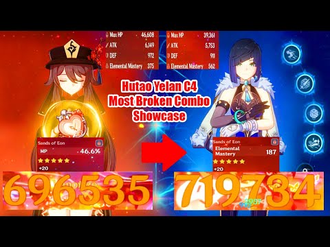 Yelan C4 ft Hutao Most Broken Combo Showcase - Hutao EM vs HP Sands Comparison