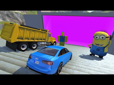 Heavy Crazy Vehicle Stairs Jumps Down In Vertical Purple Slime Pool - BeamNG.drive MINIONS & ROBLOX