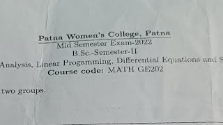 Mid Semester Questions Paper Of Math GE202 ||Patna Women's College||Pyq