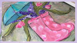 Whimsical Rainboots & Tulips Acrylic Painting Tutorial | Spring Art with Fun Mixed Media Details