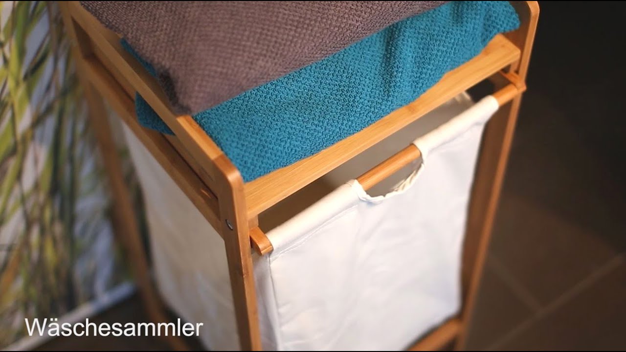 Wäschekorb Bambus mit Ablage und Stoffbeutel Wäschesammler | relaxdays.de