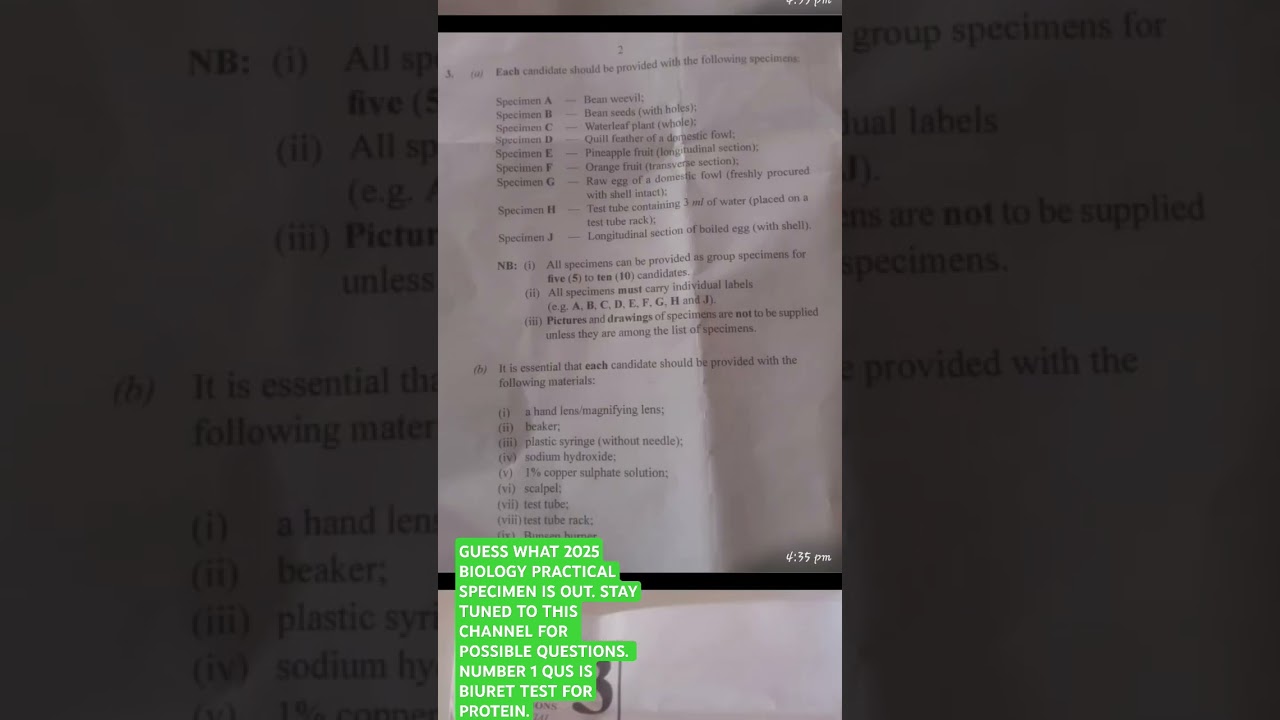 GUESS WHAT? 2025 BIOLOGY PRACTICAL SPECIMEN IS OUT. NUMBER 1QUS IS BIURET TEST FOR PROTEIN.STAY TUNE