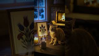 Winter Fireplace Cat Painting Ambience 4K
