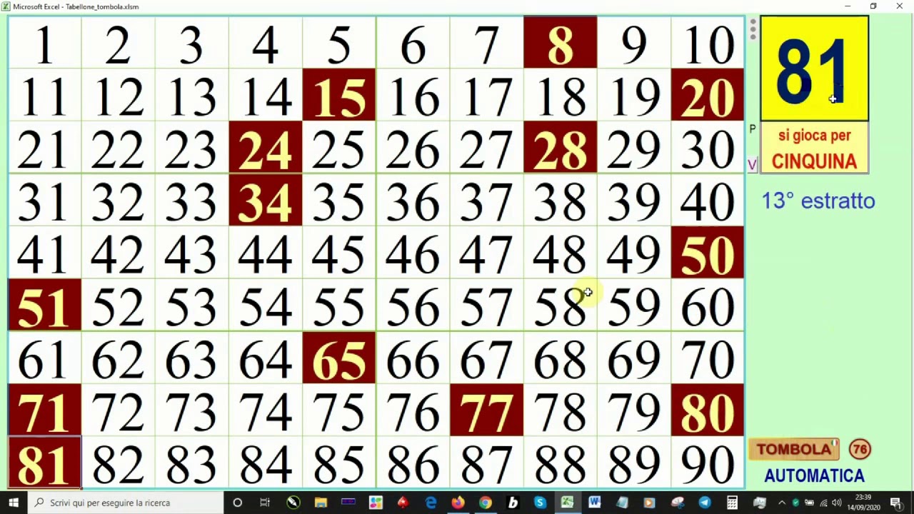 Tabellone tombola excel parlante, controllo delle cartelle vincenti e scelta di caratteri e colori.