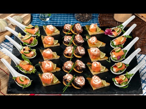 Three combinations of serving smoked salmon. Luxury and affordable appetizer recipe
