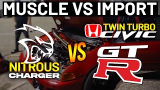 Twin Turbo Civic & GTR vs Nitrous Hellcat Charger 1/4 Mile DRAG RACING