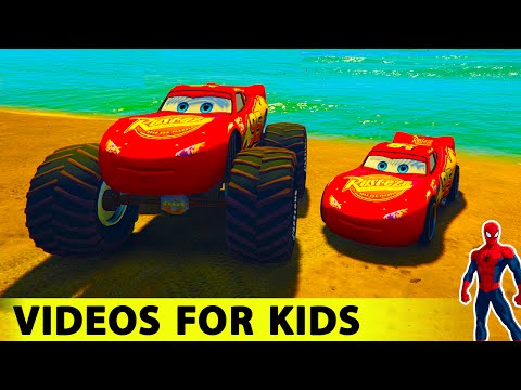 McQueen Monster TRUCKS & LIGHTNING McQueen in SPIDERMAN Cartoon Cars For Kids Nursery Rhymes Songs Video