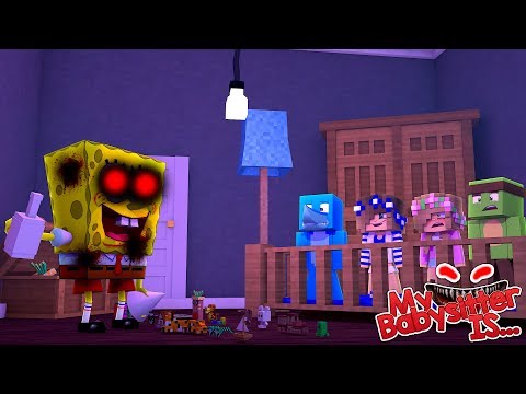 MY BABYSITTER IS..... SPONGEBOB .EXE !! Minecraft w/ Little Kelly Little Carly and Sharky