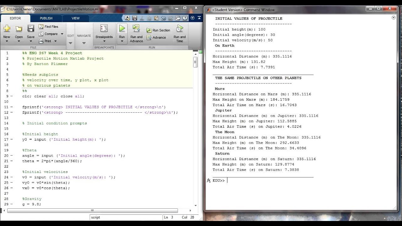 Projectile Motion Simulator : MATLAB