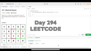 YouTube video 'Day 294: LeetCode Problem 221. Maximal Square - Swift'
