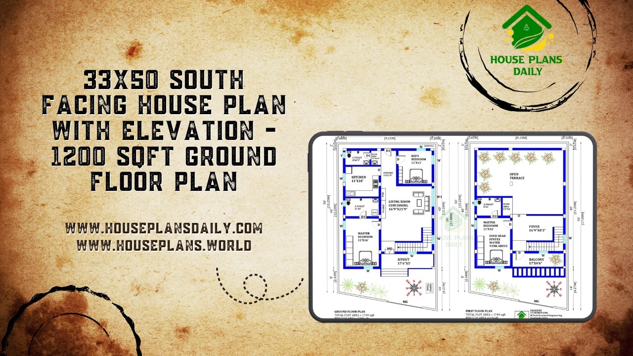 33x50 South Facing House Plan with Elevation
