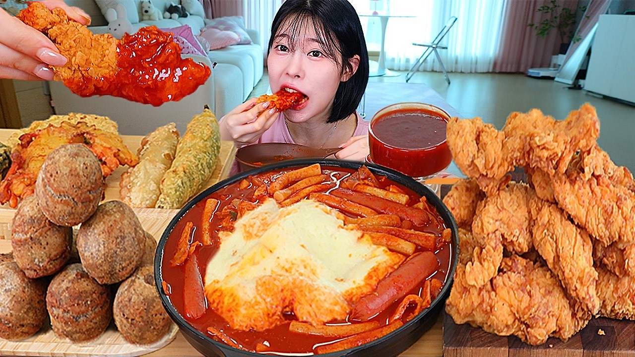 ASMR MUKBANG| 직접 만든 치즈 떡볶이 후라이드 치킨 치즈볼 먹방 & 레시피 FRIED CHICKEN AND Tteokbokki EATING
