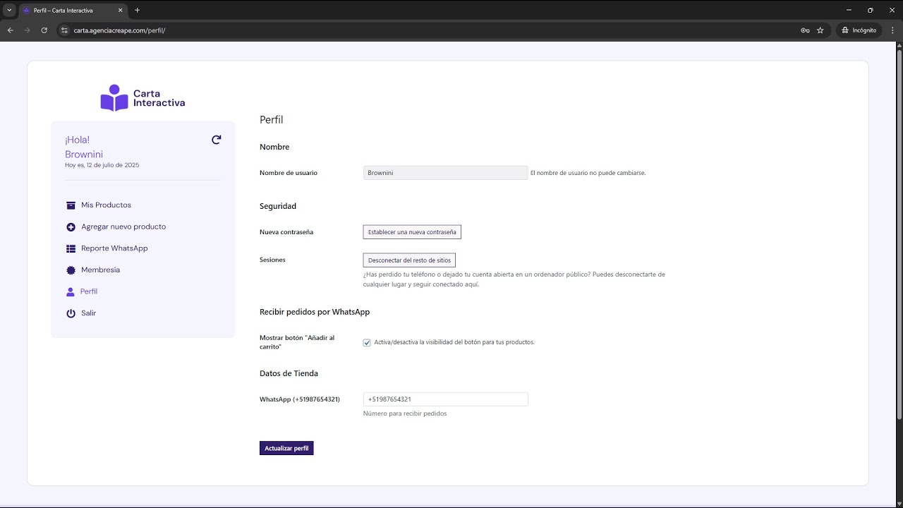 Cambiar la contraseña de mi Panel Administrativo / Carta Interactiva