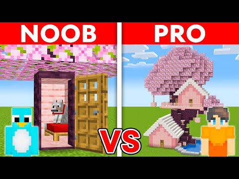 NOOB vs PRO: CHERRY BLOSSOM TREE HOUSE Build Challenge in Minecraft