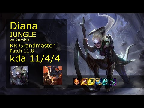 Diana vs Rumble Jungle - KR Grandmaster 11/4/4 Patch 11.8 Gameplay // [롤] 다이애나 vs 럼블 정글