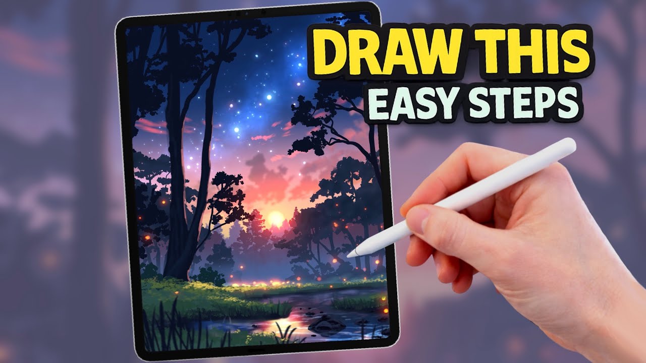 PROCREATE Sunset Tree River landscape Drawing Tutorial in EASY STEPS