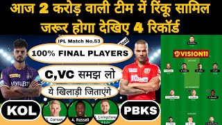 Kol vs pbks ipl 53rd t20 match dream11 team of today match | kol vs pbks dream11 team