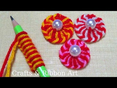 Amazing Woolen Craft Ideas with Pencil - Easy Woolen Flower Making - Hand Embroidery Flower Design