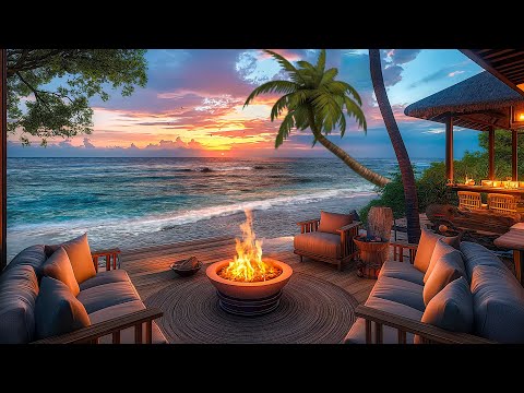 Unwind At A Tropical Beach Resort 🌴 Beach Ambience And Sunset Serenity - ASMR Fire Sounds For Calm