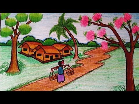 How to draw Landscape /Beautiful scenery of nature(village scenery)