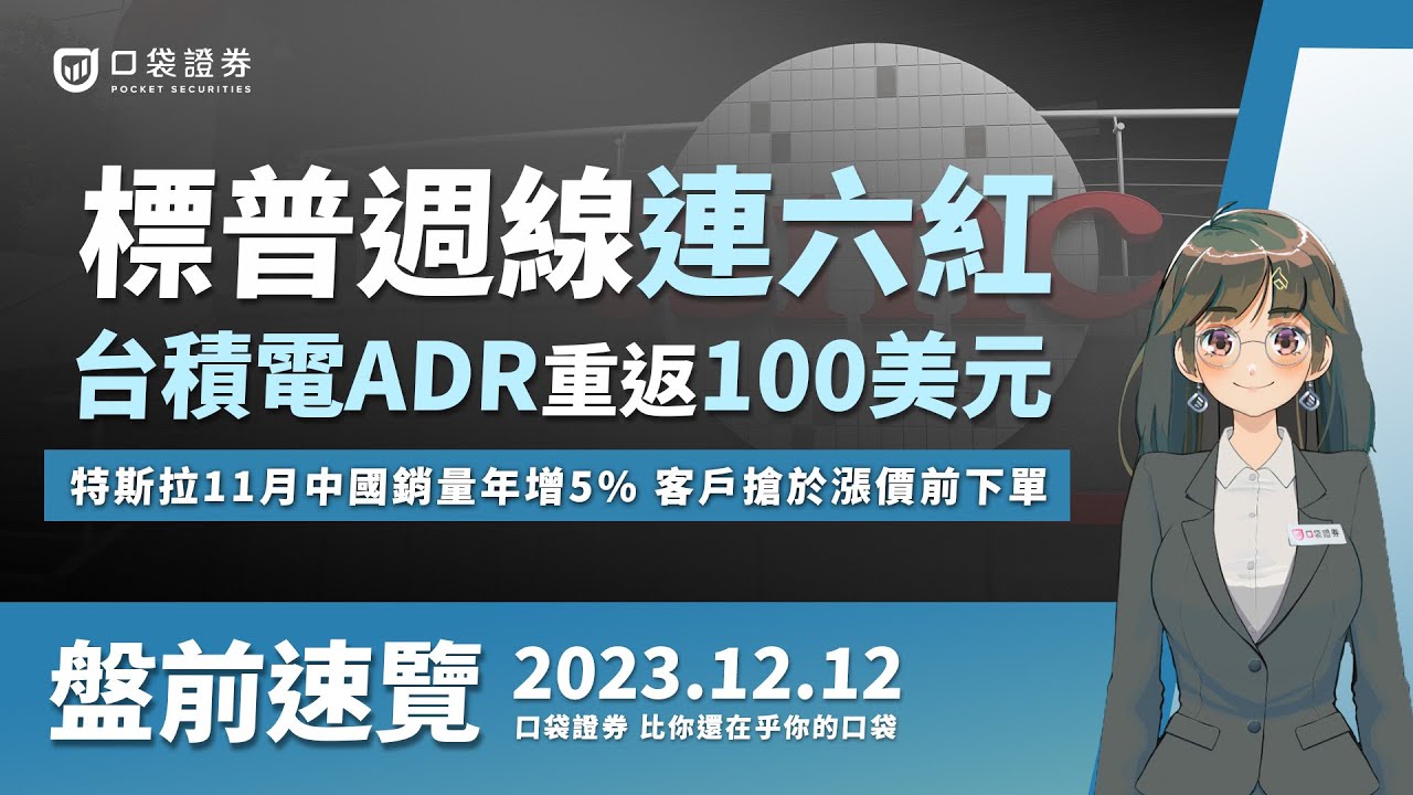 2023.12.12 星期二-台積電ADR重返100美元,標普週線連六紅!特斯拉11月中國銷量年增5%,客戶搶於漲價前下單!